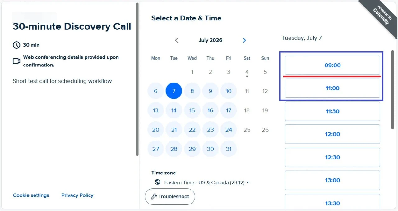 Calendly booking page showing unavailable time slots blocked by calendar conflicts