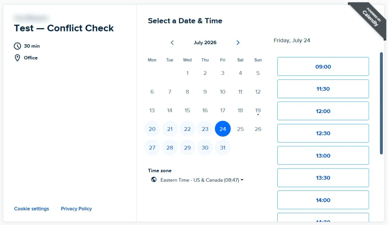 Same Calendly booking page with the 09:30 to 11:00 slots removed, leaving a gap between 09:00 and 11:30