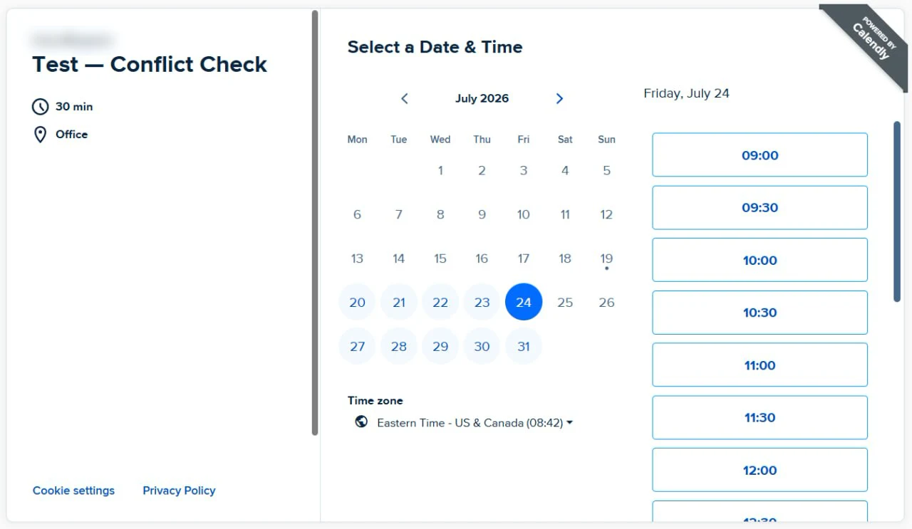 Calendly booking page showing unbroken 30-minute slots from 09:00 to 12:00 on Friday, July 24