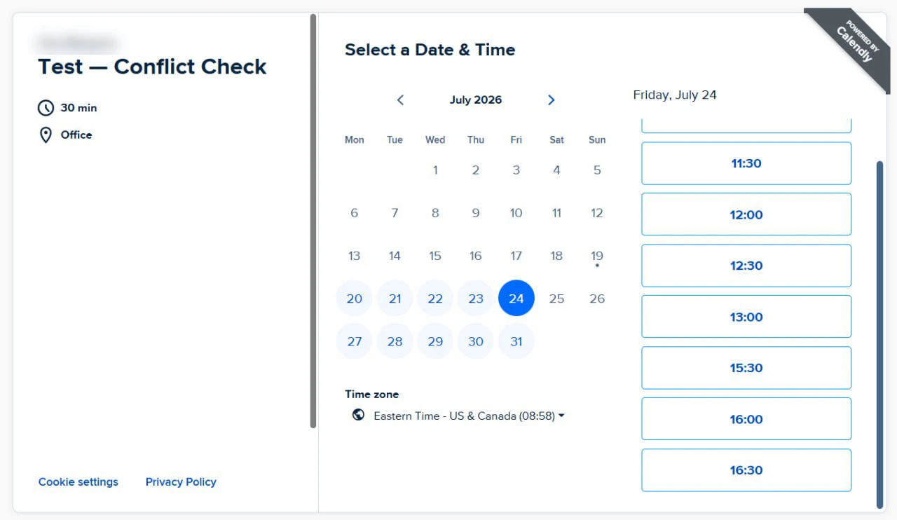 Same booking page with the 13:30 to 15:00 slots removed, leaving a gap between 13:00 and 15:30