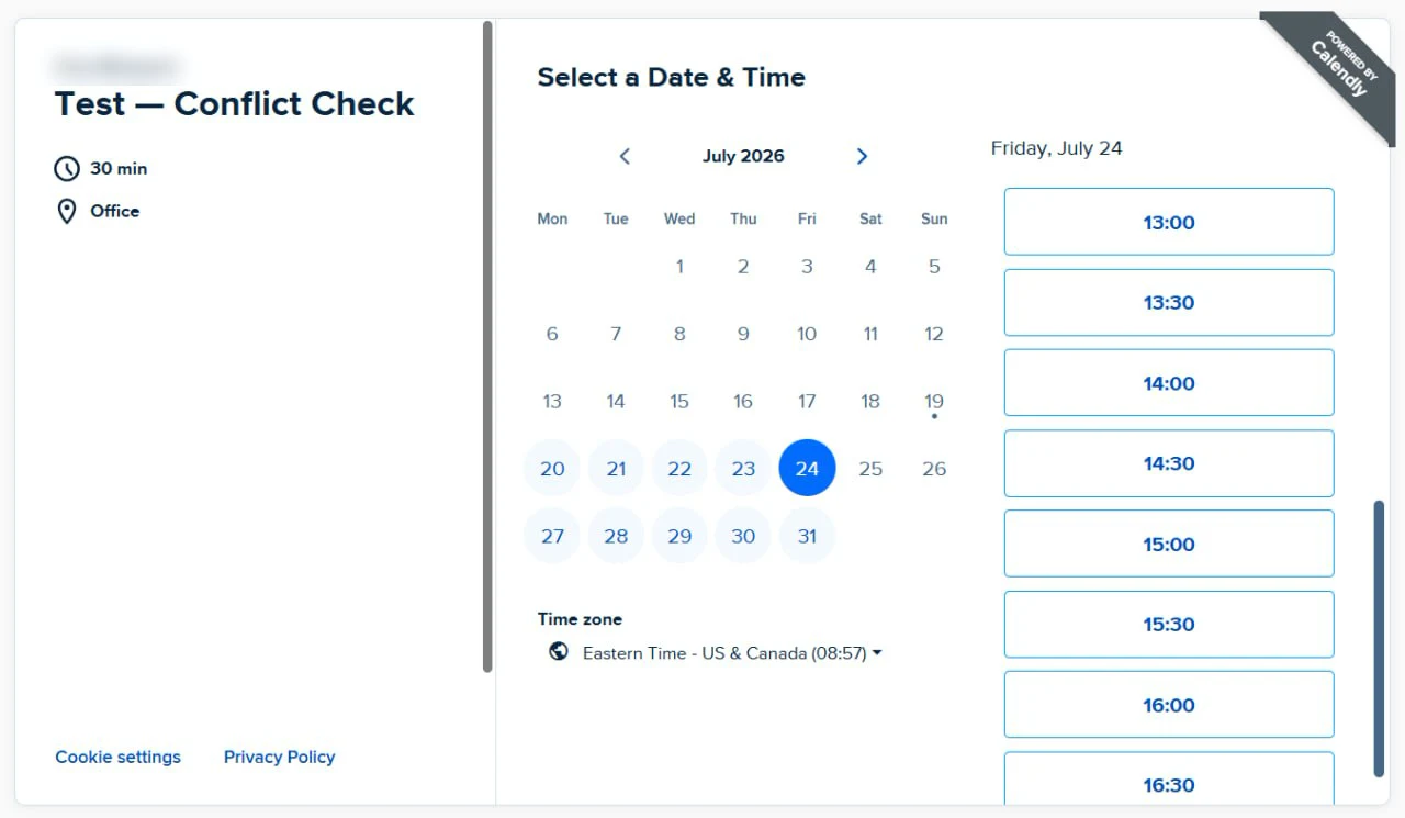 Calendly booking page listing continuous 30-minute slots from 13:00 to 16:30, with 14:00 still available