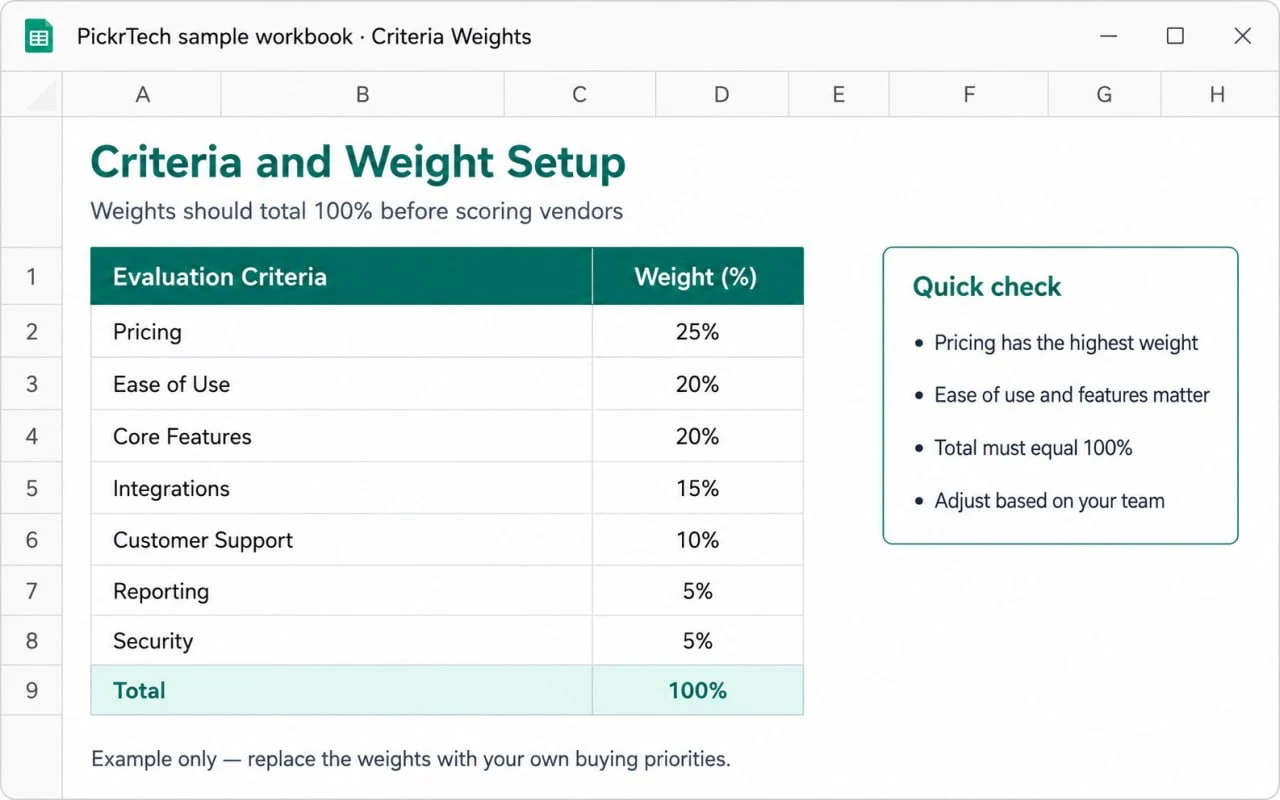 Excel criteria and weight setup for a software evaluation scorecard