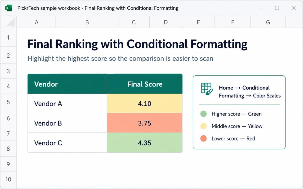 Final ranking table in Excel with conditional formatting color scales
