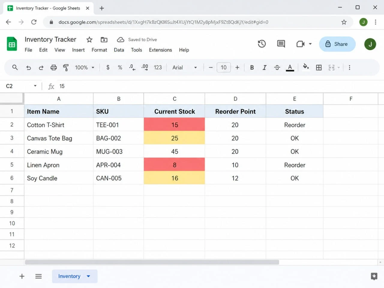 Google Sheets inventory rows showing the finished red and yellow low stock alert states