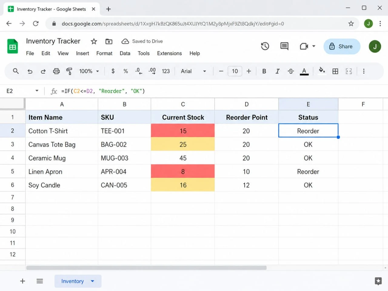 IF formula in the Status column of a Google Sheets inventory tracker comparing current stock to reorder point