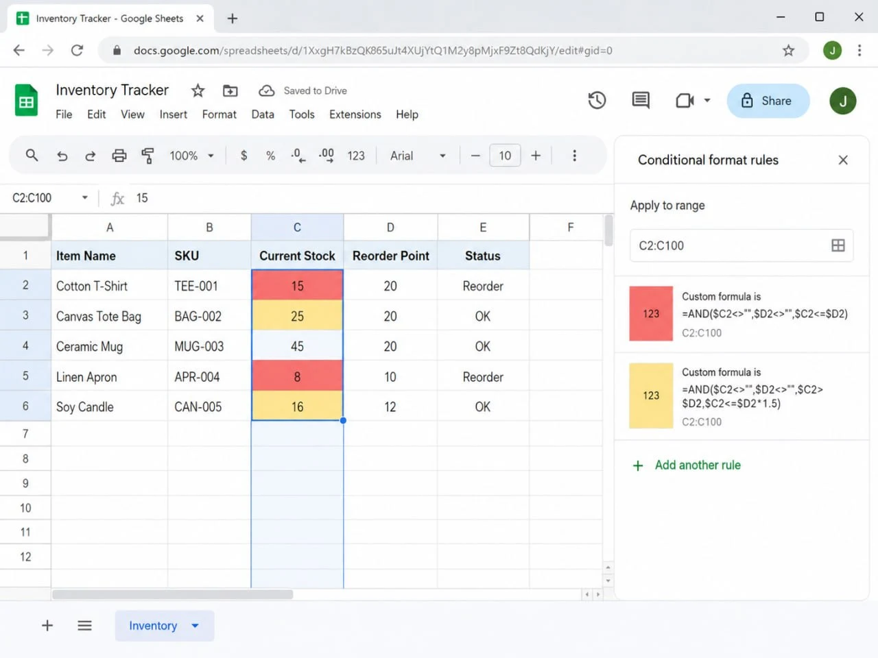 Google Sheets Conditional format rules sidebar showing red and yellow custom formulas for low stock