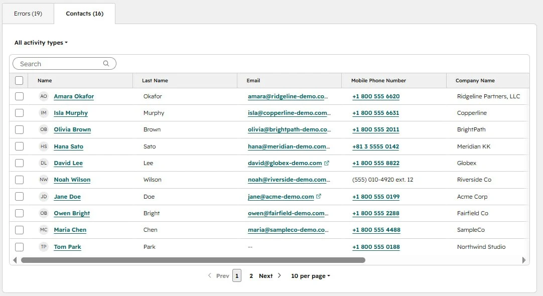 Imported HubSpot contact list where Tom Park's email cell is empty and Noah Wilson's phone number appears in a non-standard format