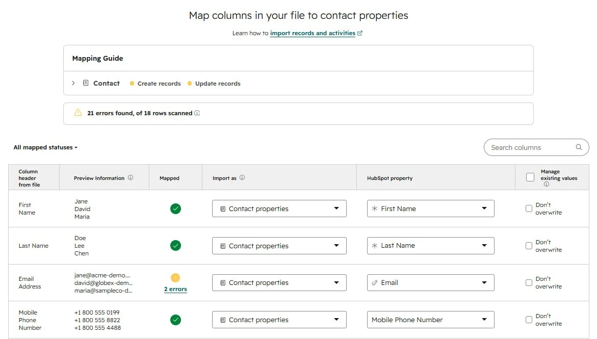 HubSpot mapping screen showing a pre-import warning of 21 errors across 18 scanned rows, with name and phone columns matched and Email Address flagged