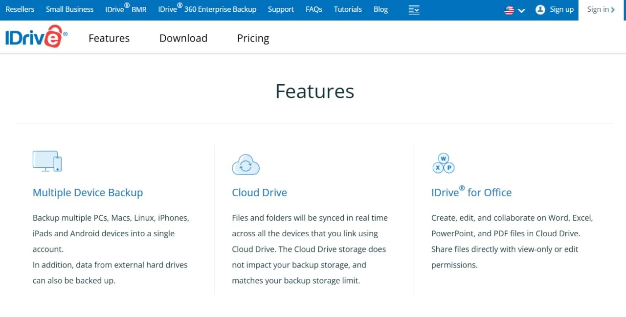 IDrive Business features page showing multiple device backup, Cloud Drive, and IDrive for Office