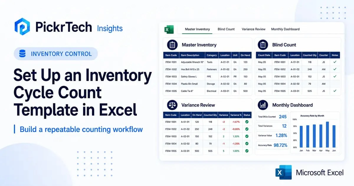 Excel inventory cycle count template showing master inventory, blind count, variance review, and monthly dashboard sheets