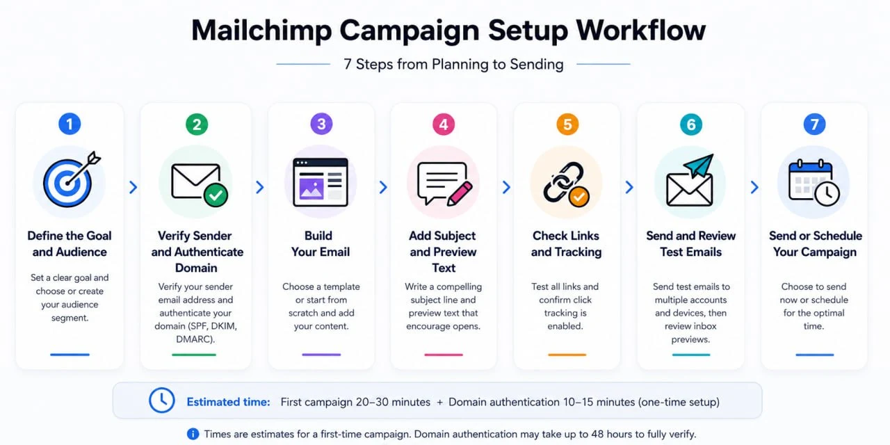 Seven-step Mailchimp workflow covering audience selection, domain authentication, email building, link checks, test sends, and scheduling
