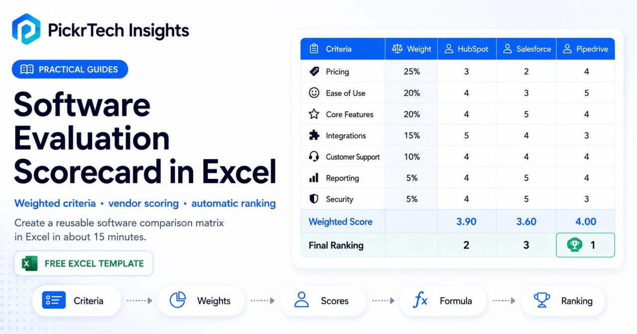 Excel software evaluation scorecard showing weighted criteria, vendor scores, and final rankings