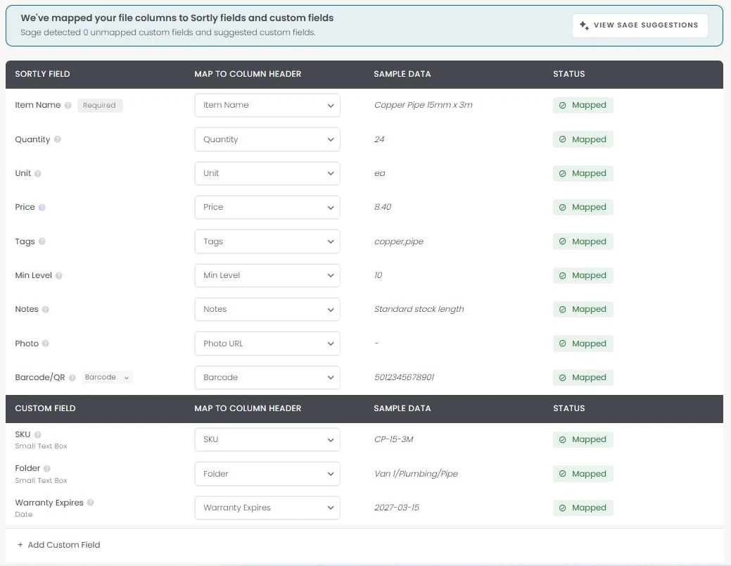 Sortly CSV import mapping screen with all twelve spreadsheet columns matched, three of them as custom fields