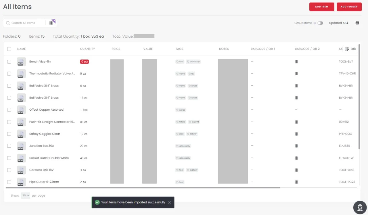 Sortly item list showing 15 imported items, zero folders, and a successful-import message