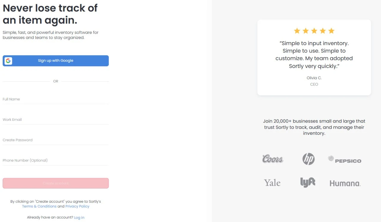 Sortly free account signup form with email and single sign-on options