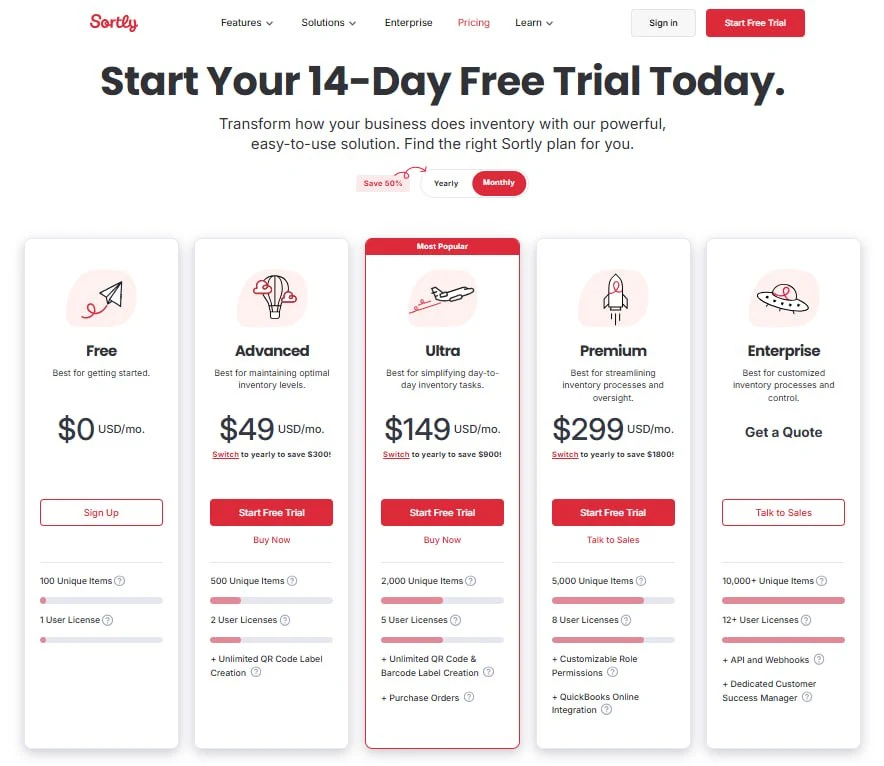 Sortly pricing plans showing Free, Advanced, Ultra, Premium, and Enterprise tiers