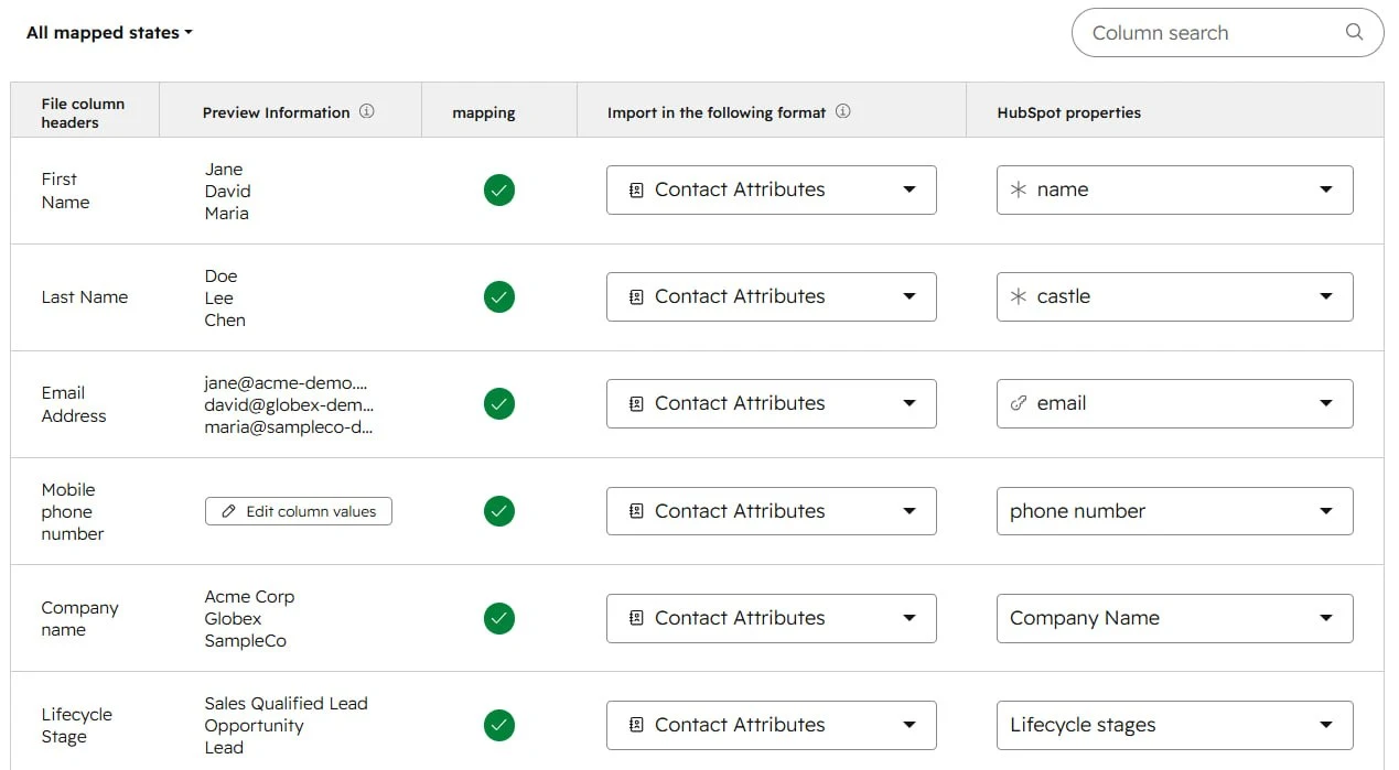 HubSpot import field mapping screen matching CSV columns to CRM properties