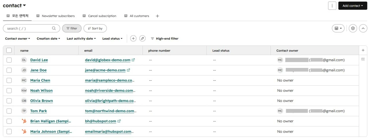 HubSpot CRM contact owner assignment table showing team member allocation