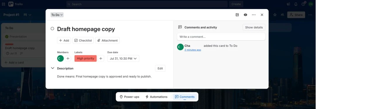 Trello card with one owner, due date, priority label, and Done means description