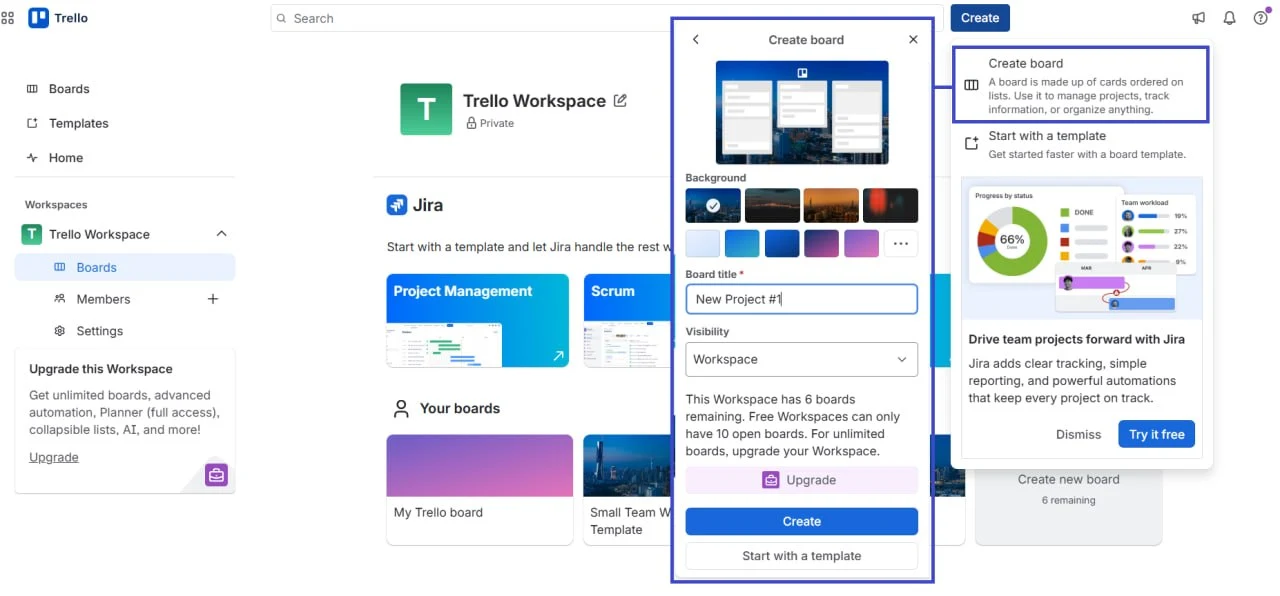 Trello create board screen with board title, visibility, and workspace options