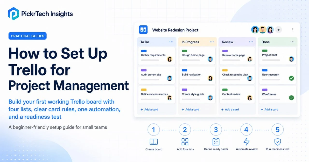 Trello-style project board with To Do, In Progress, Review, and Done lists
