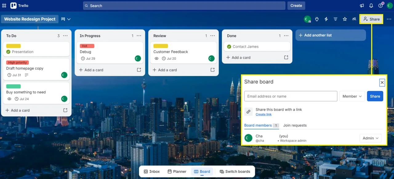Trello Share panel open over a board with To Do, In Progress, Review, and Done lists