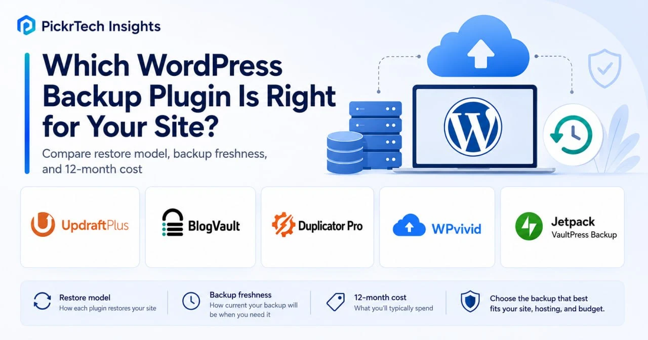 WordPress backup plugin comparison showing five tools by restore model, backup freshness, and 12-month cost